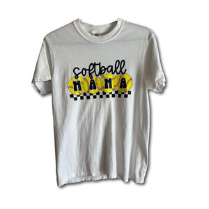 Softball MAMA T-shirt features a retro checkered Woman’s Small White